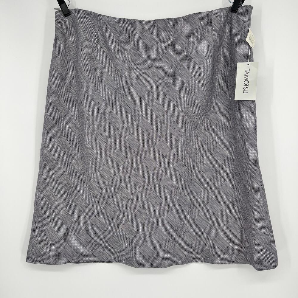 Vtg Tamotsu New York 100% Linen Skirt Womens 24W Navy Blue Glen Plaid USA NEW